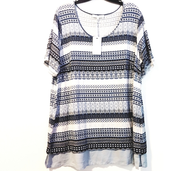 Rose & Olive Tops - 2X Rose + Olive Blue & White Chiffon Trim Top NWT